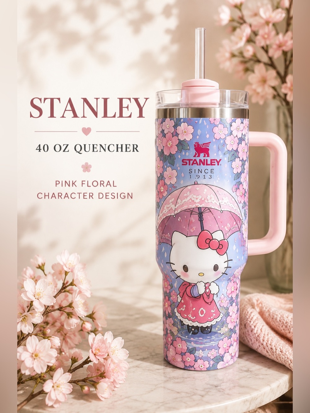 Stanley 40 oz Quencher Tumbler Pink Floral Character Design Lid & Straw - Picture 1 of 5